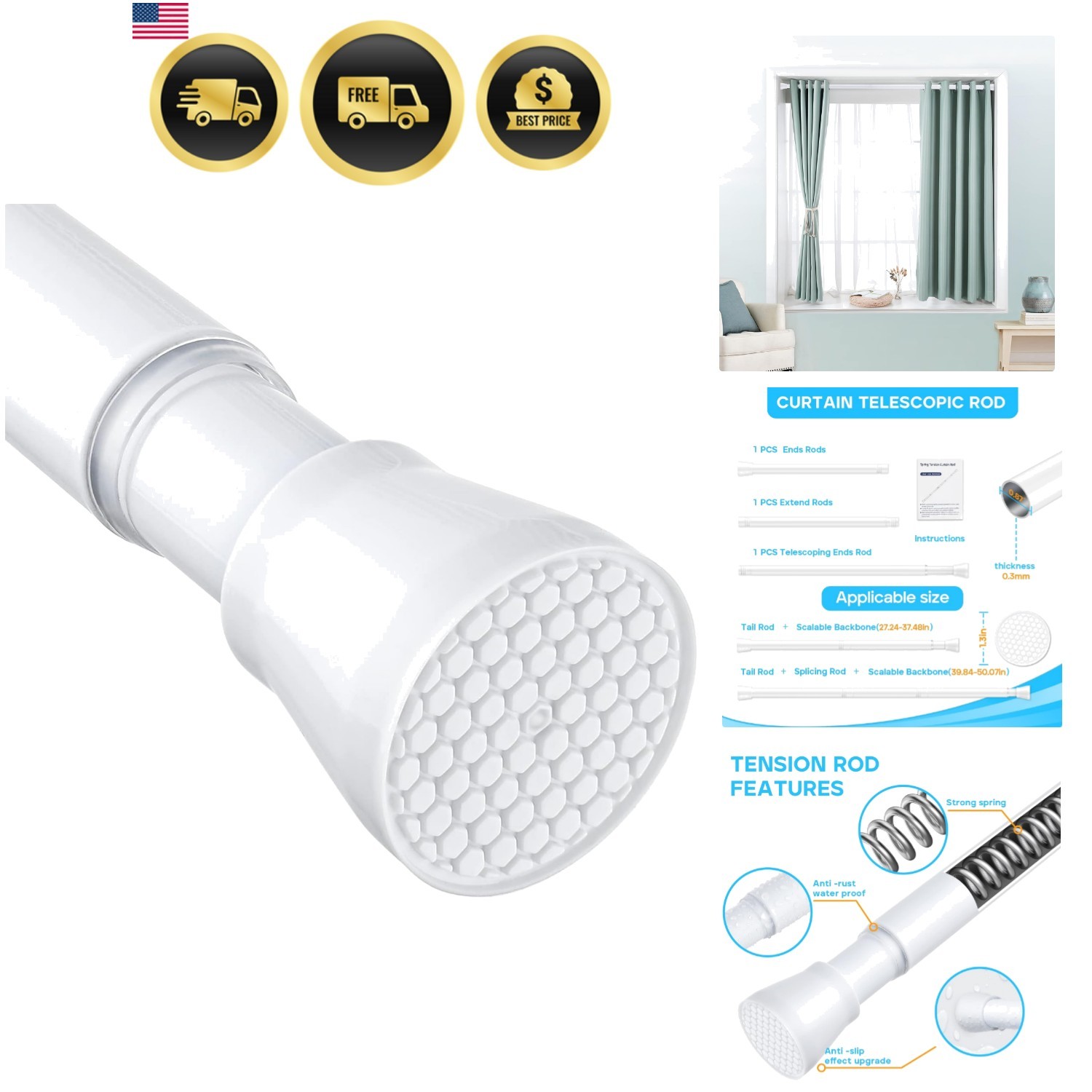 White Tension Curtain Rod for Windows 28 to 48 inch, Adjustable Expandable Pr…