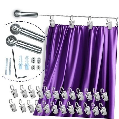 16.4ft Adjustable Indoor Outdoor Wire Curtain Rod Room Divider Hanging System