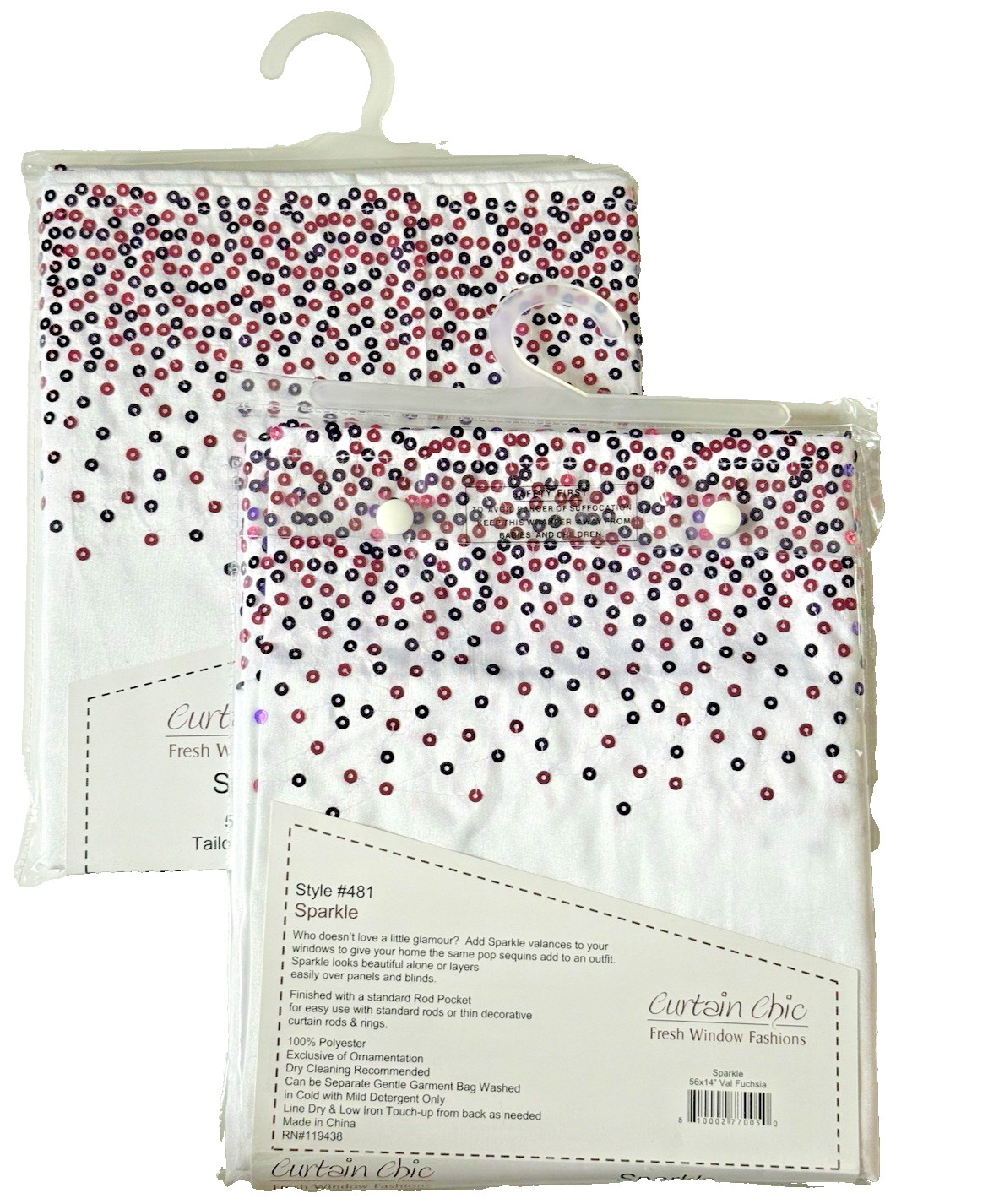 Curtain Chic Sequin Sparkle Valance White Fuchsia 56X14” Rod Pocket Set of 2