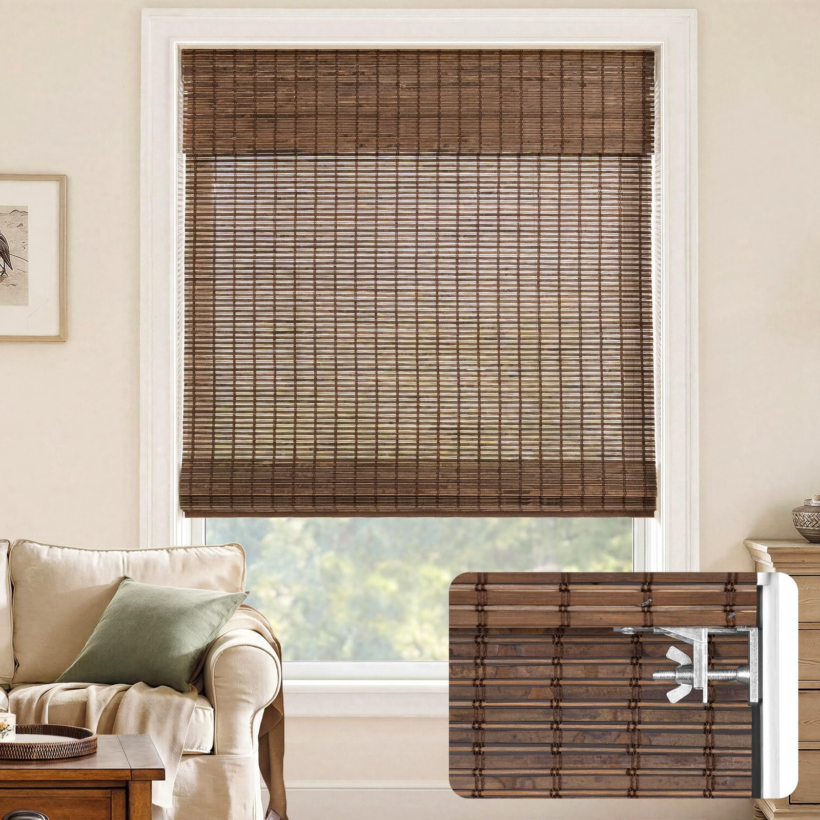 LazBlinds Malay Walnut 33″W x 72″H No Drill Roman Shades