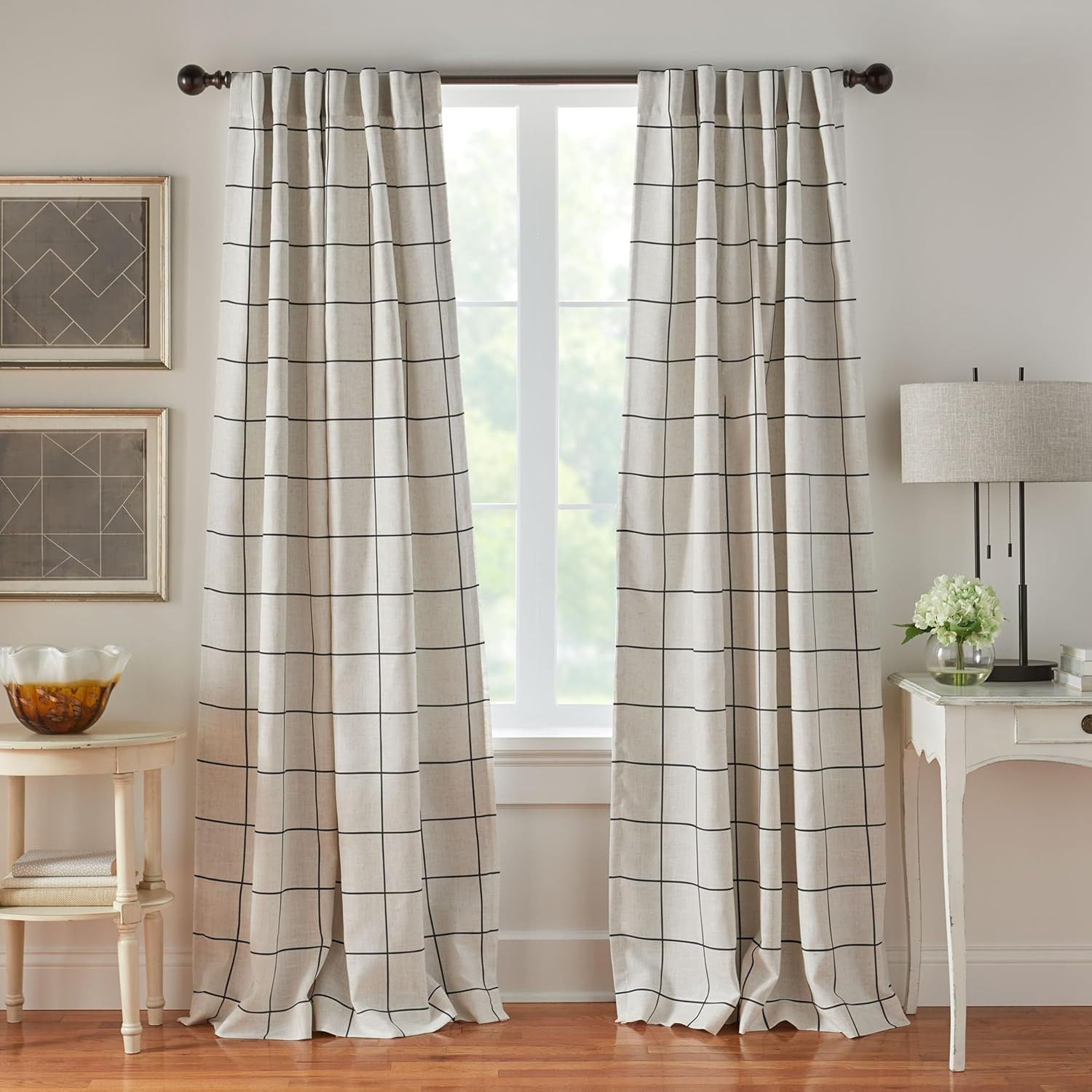 Brighton Windowpane Plaid Blackout Window Curtain Panel, Linen – 52″ W X 84″ L