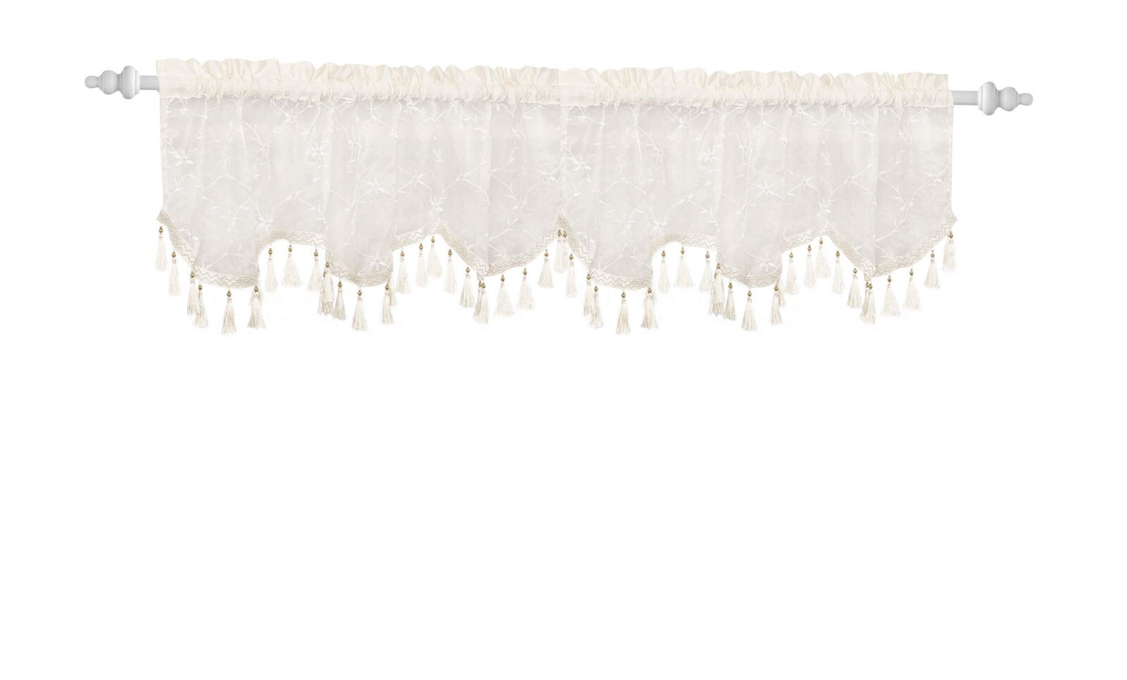 Decorative Sheer Valance Embroidered Floral Design Scallop Border Beaded Trim