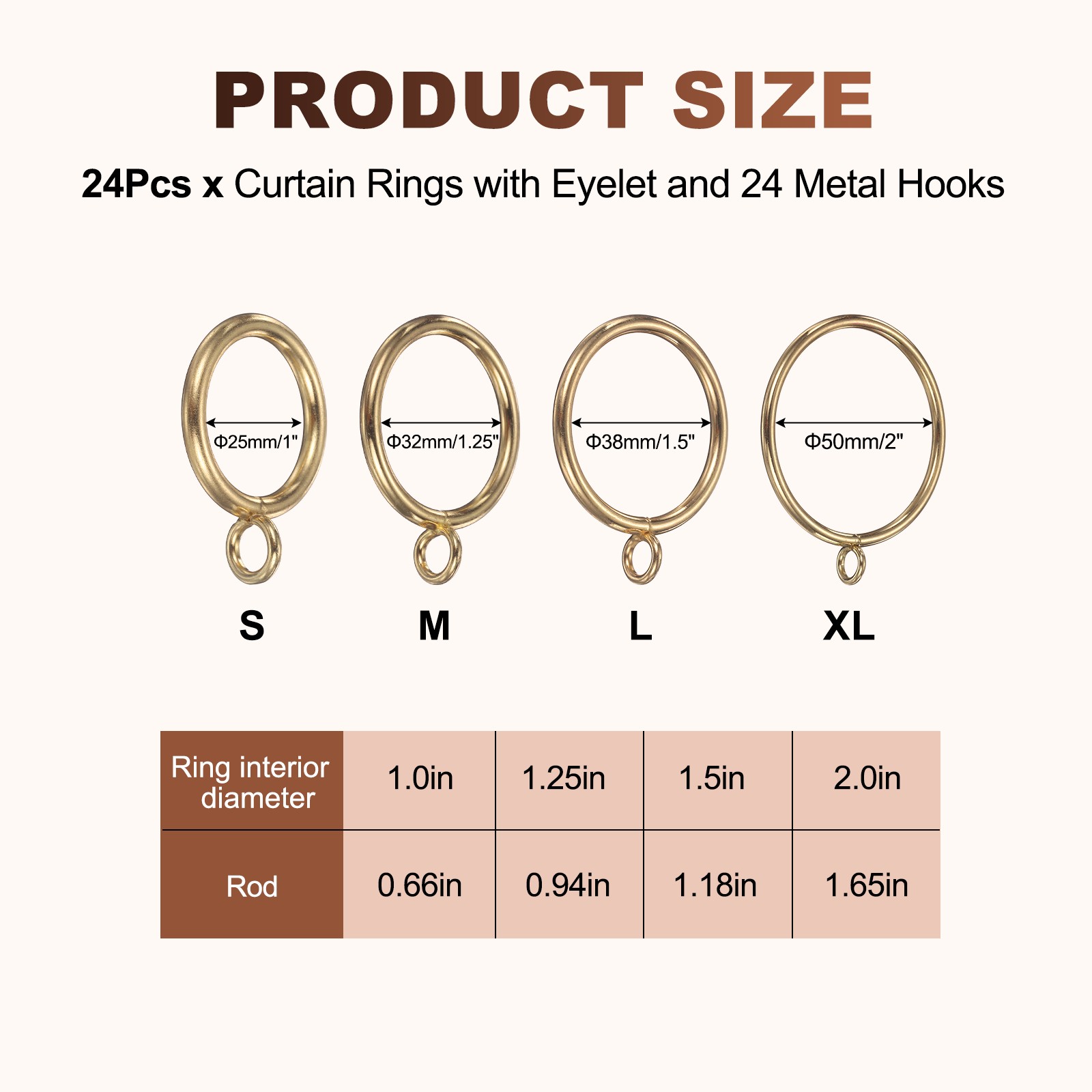 24 Pcs 1 Inch Inner Diameter Curtain Rings with Eyelet and Metal Hook, Gold