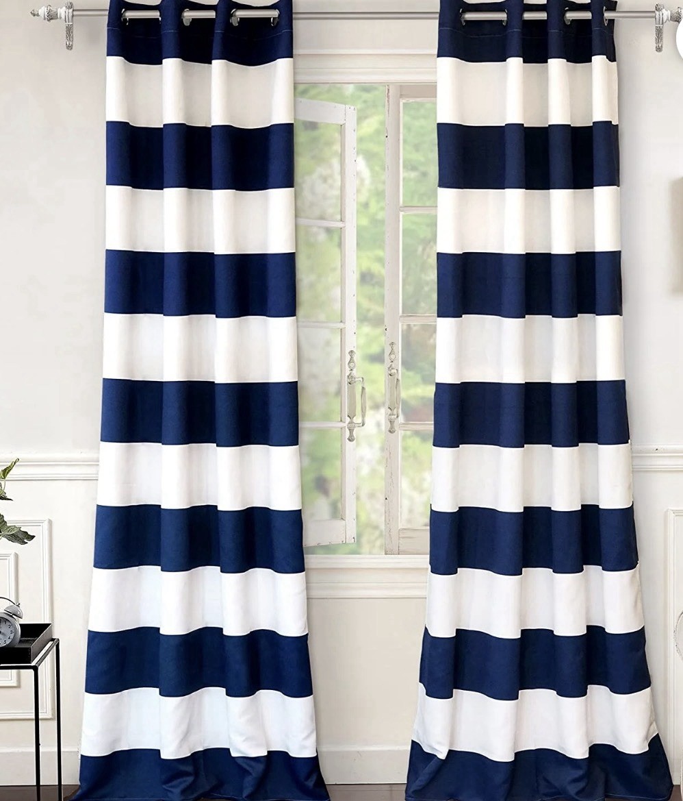 DriftAway Mia Stripe Room Darkening Curtain Panel Pair Navy/white Unlined NWT