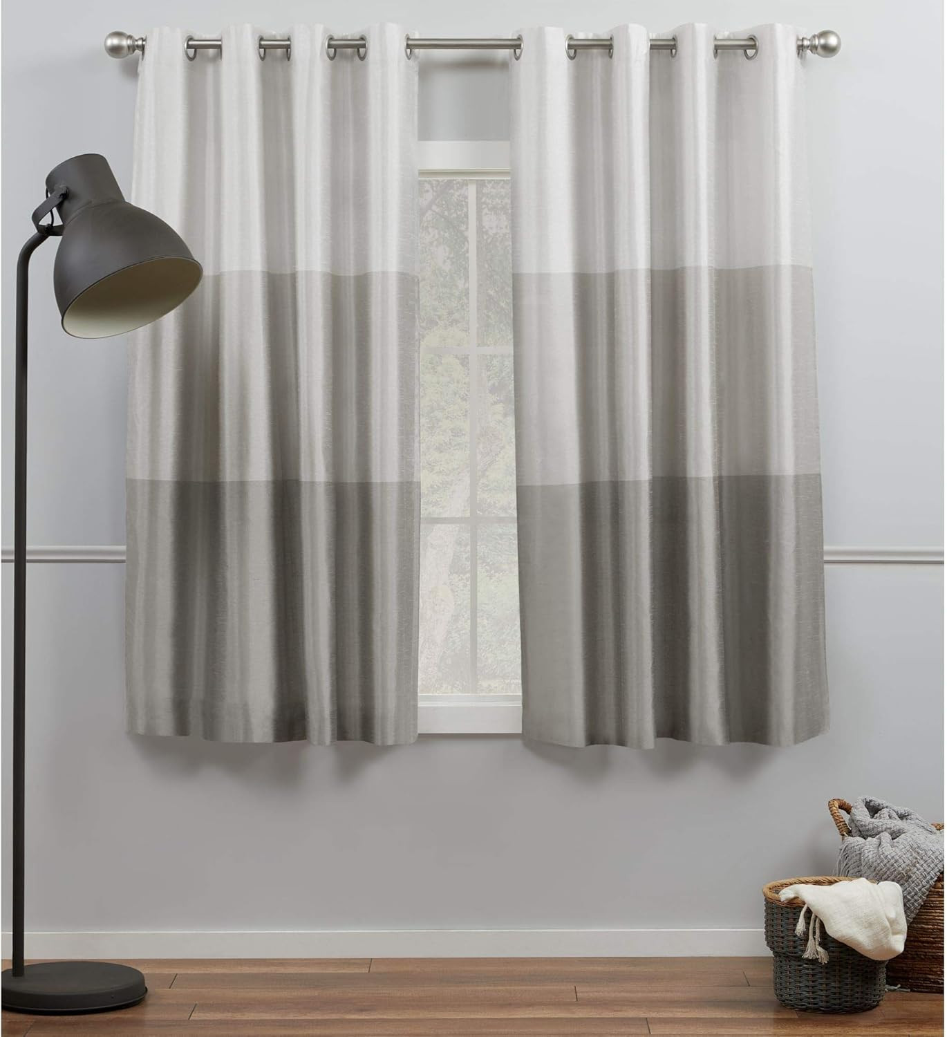 Chateau Striped Faux Silk Grommet Top Curtain Panel Pair, 54″X63″, Dove Grey