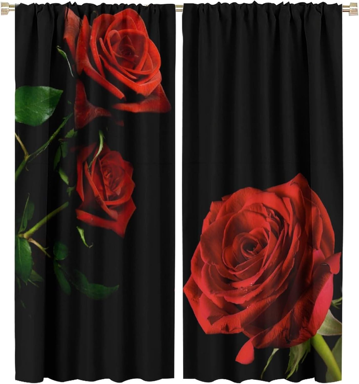 Red Rose Floral Curtains, Romantic Black Red Rose Flower Rod Pocket Window Treat