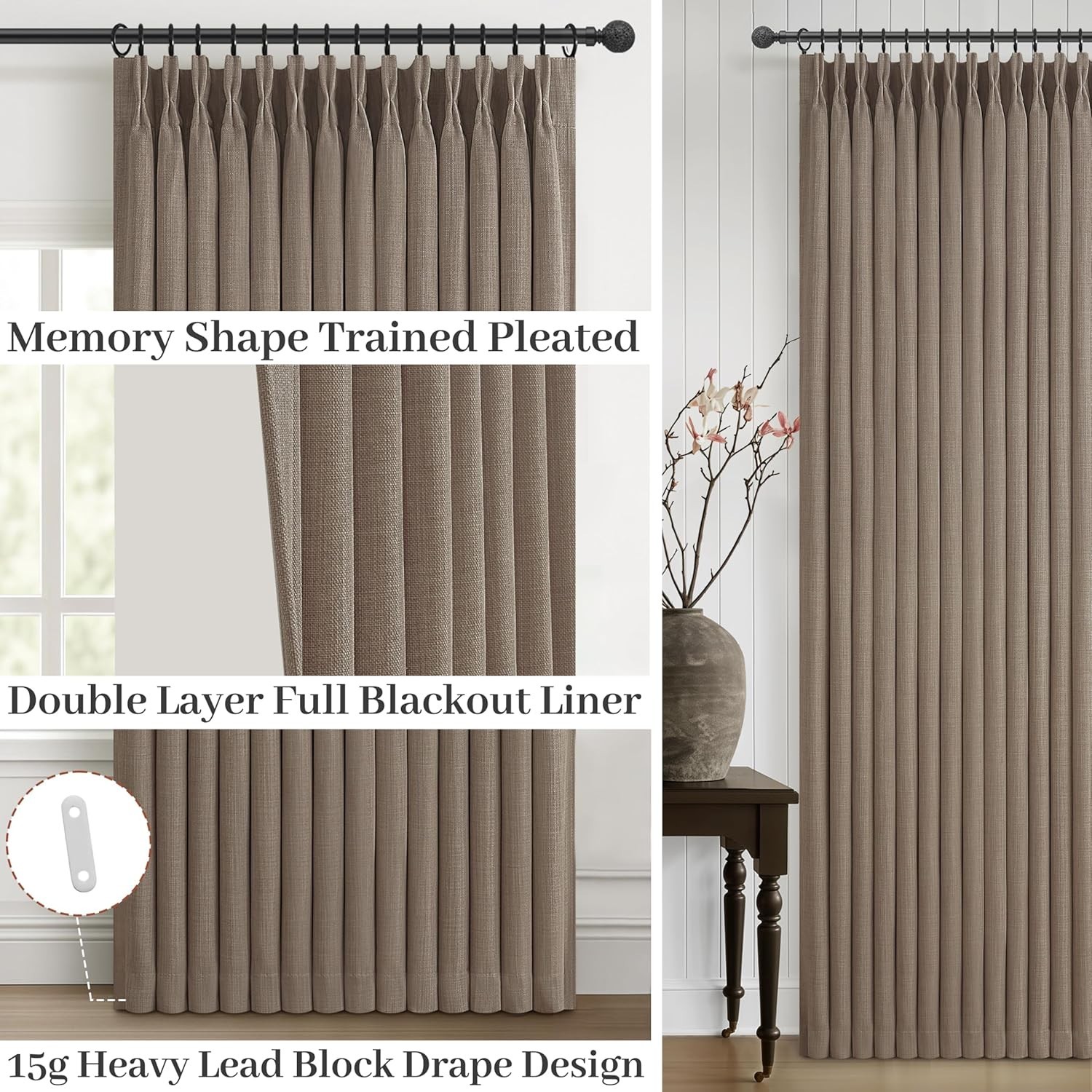 40 x 102 2 Panels PleatedDrapes Linen Pinch Pleated Thick Blackout Curtains C241
