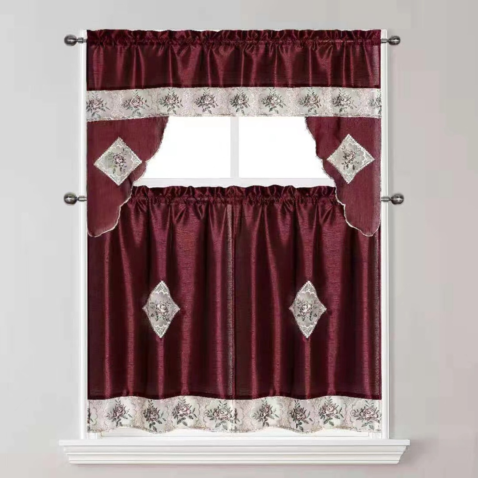 Semi-Sheer Rod Pocket Embroidery Kitchen Curtain 3 PC & Swag Valance 2 Tiers Set