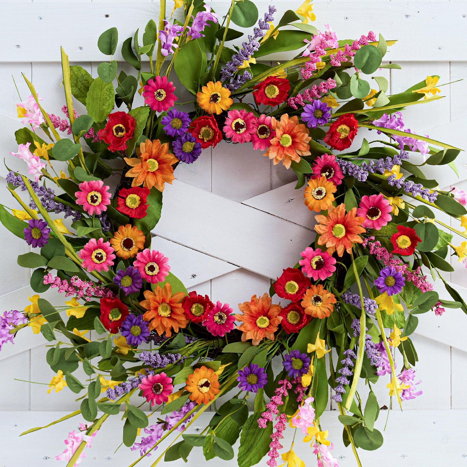 WSTPUPU Artificial Spring Wreath 22 22inch, Green Red Yellow Pink Blue Purple