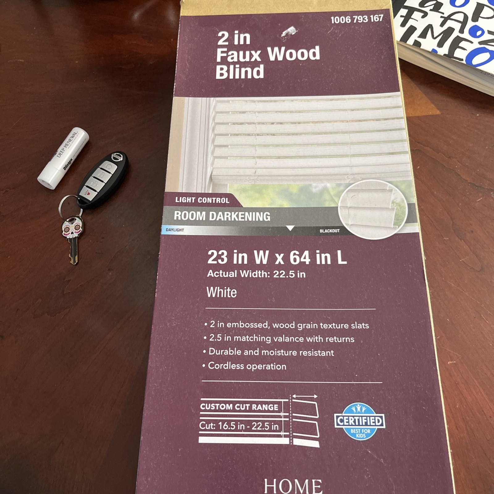 2 In. Faux Wood Blind in White – 23in W – 64 In L Cordless