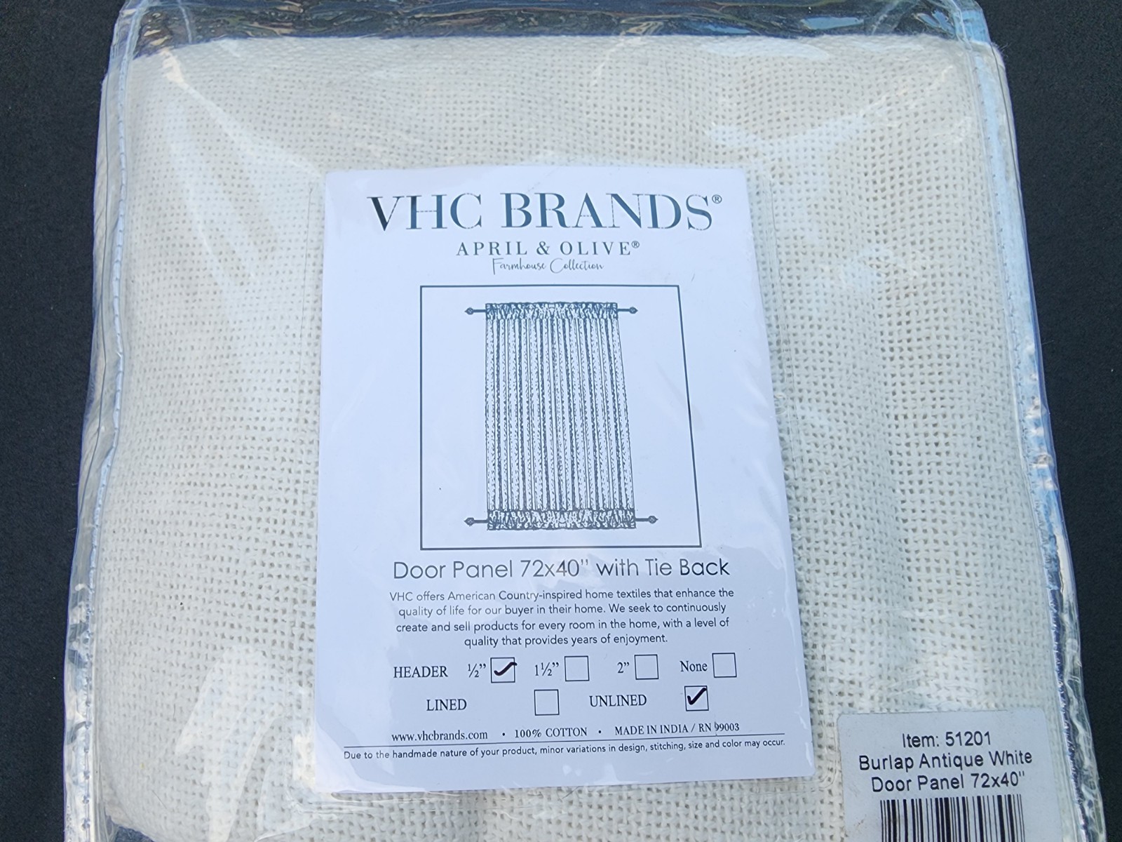 Shop VHC BRANDSBurlap Antique White 40 in. W x 72 in. L Cotton Light Filtering