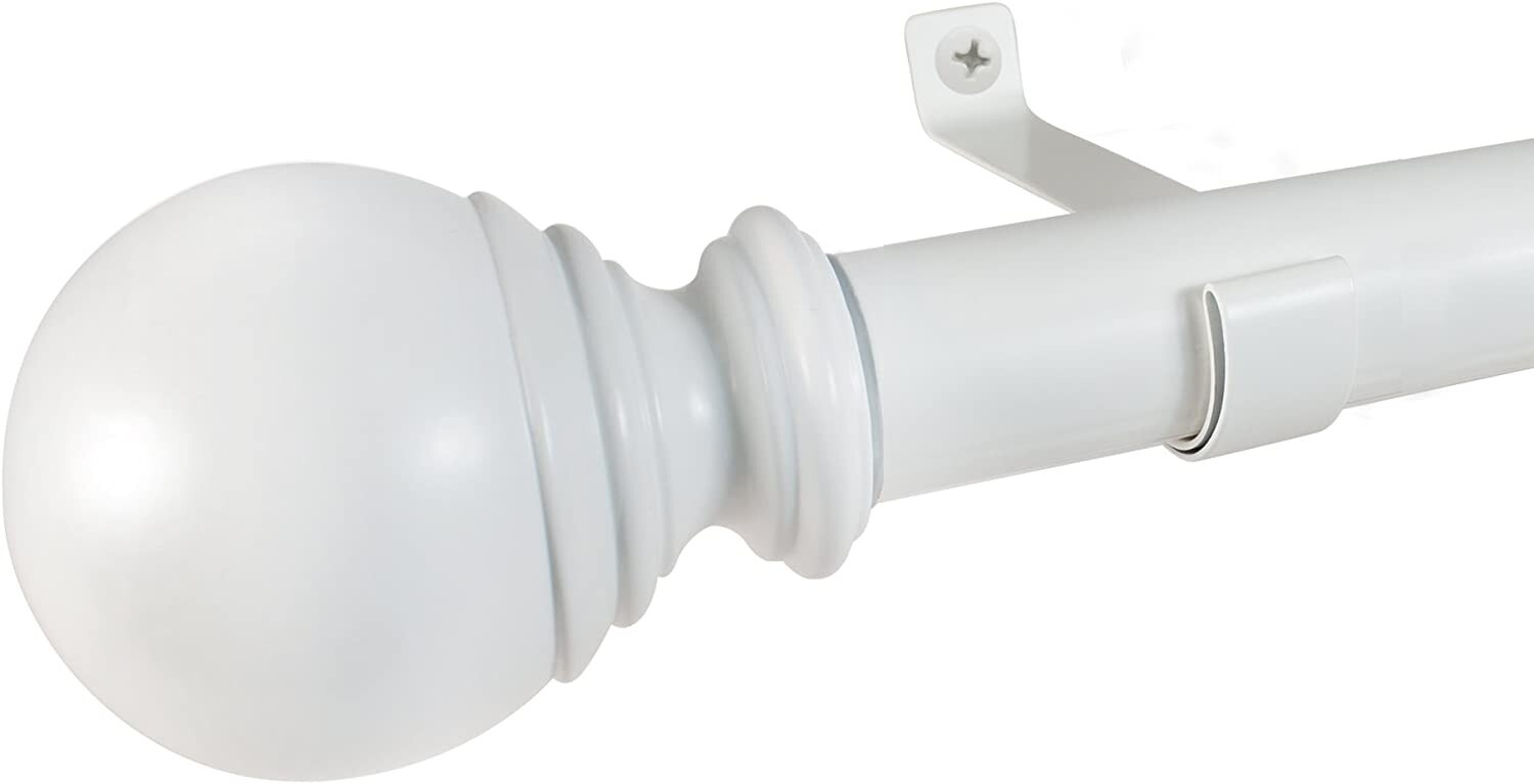 Decopolitan Ball Single Telescoping 1″ Drapery Rod Set, 36-72-Inches, White