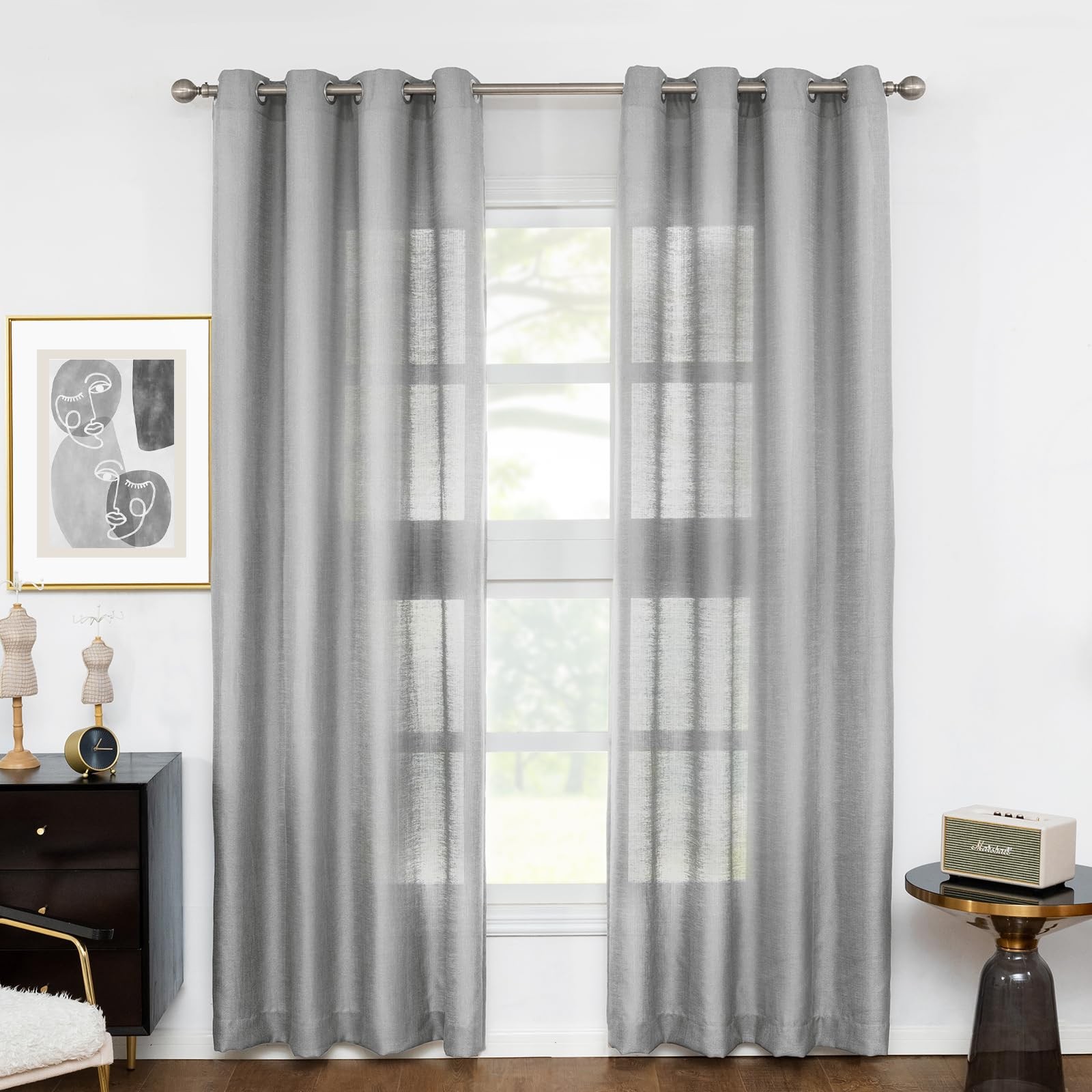 Gray Semi Sheer Curtains 84 Inches Long for Living Room, Bedroom Linen Look W…