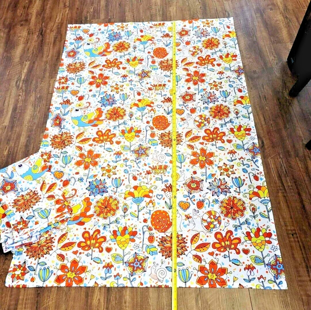 2 Curtain Panels. Whimsical Flowers & Birds. 63″x42″ Rod Pocket. Unbranded.