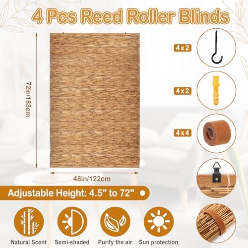 4 Pcs Bamboo Shades Outdoor Reed Roll Up Blinds 48″ W x 72″ H Blackout Sunshade
