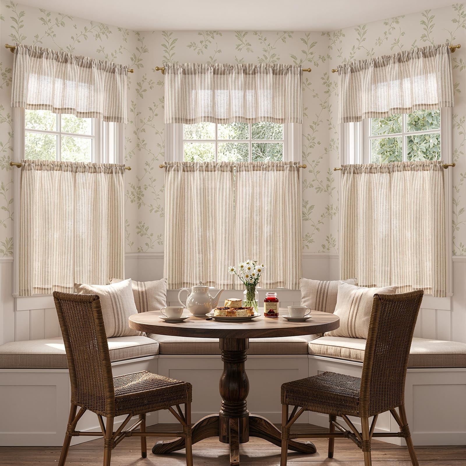 Striped Tier Curtains Set – 36″ Ticking Stripe Linen Valances for Kitchen & Bath