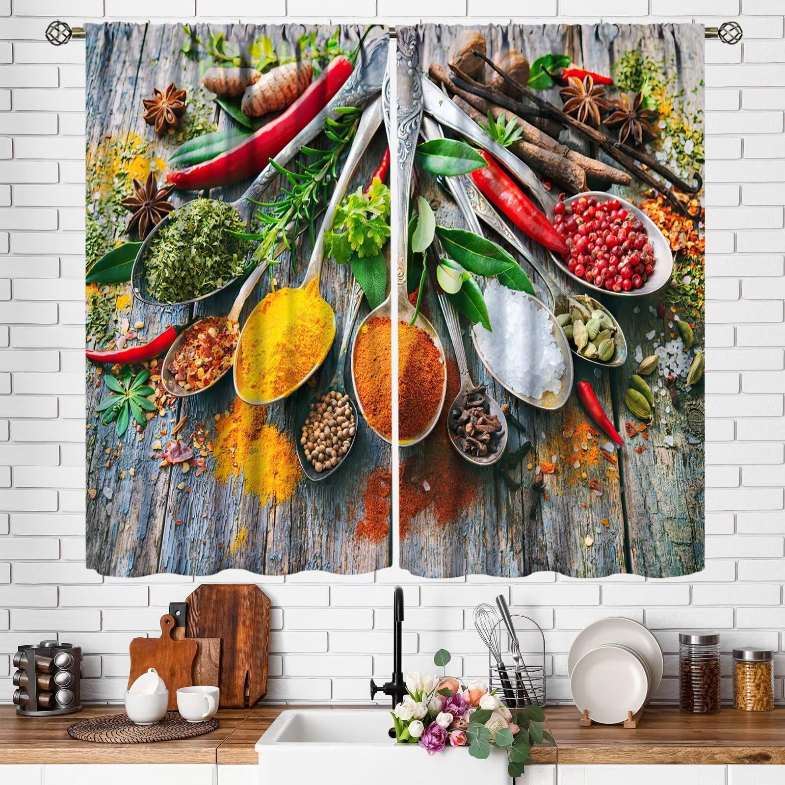 Colorful Seasoning Kitchen Curtains Rustic Spice Food Vegetable Curtain with …