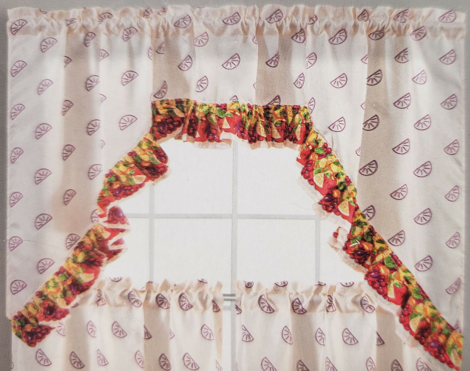 3pc. Kitchen Curtains Set:2 Tiers(30″x36″)& Swag(60″x36″)FRUITS,ORANGE PUNCH,EHF