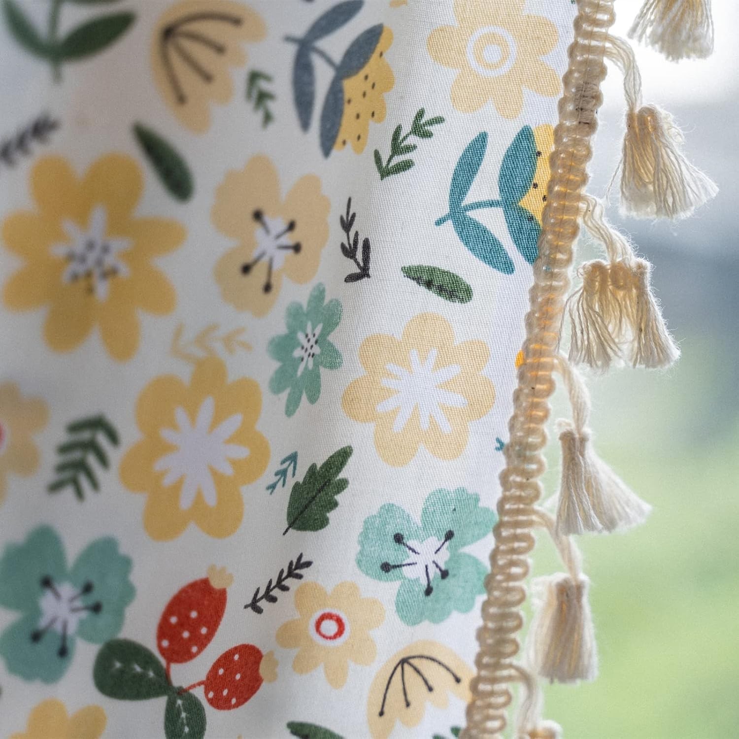 Boho Cotton Linen Handmade Tassel Curtain 1 Panel, Farmhouse Yellow Florals Prin