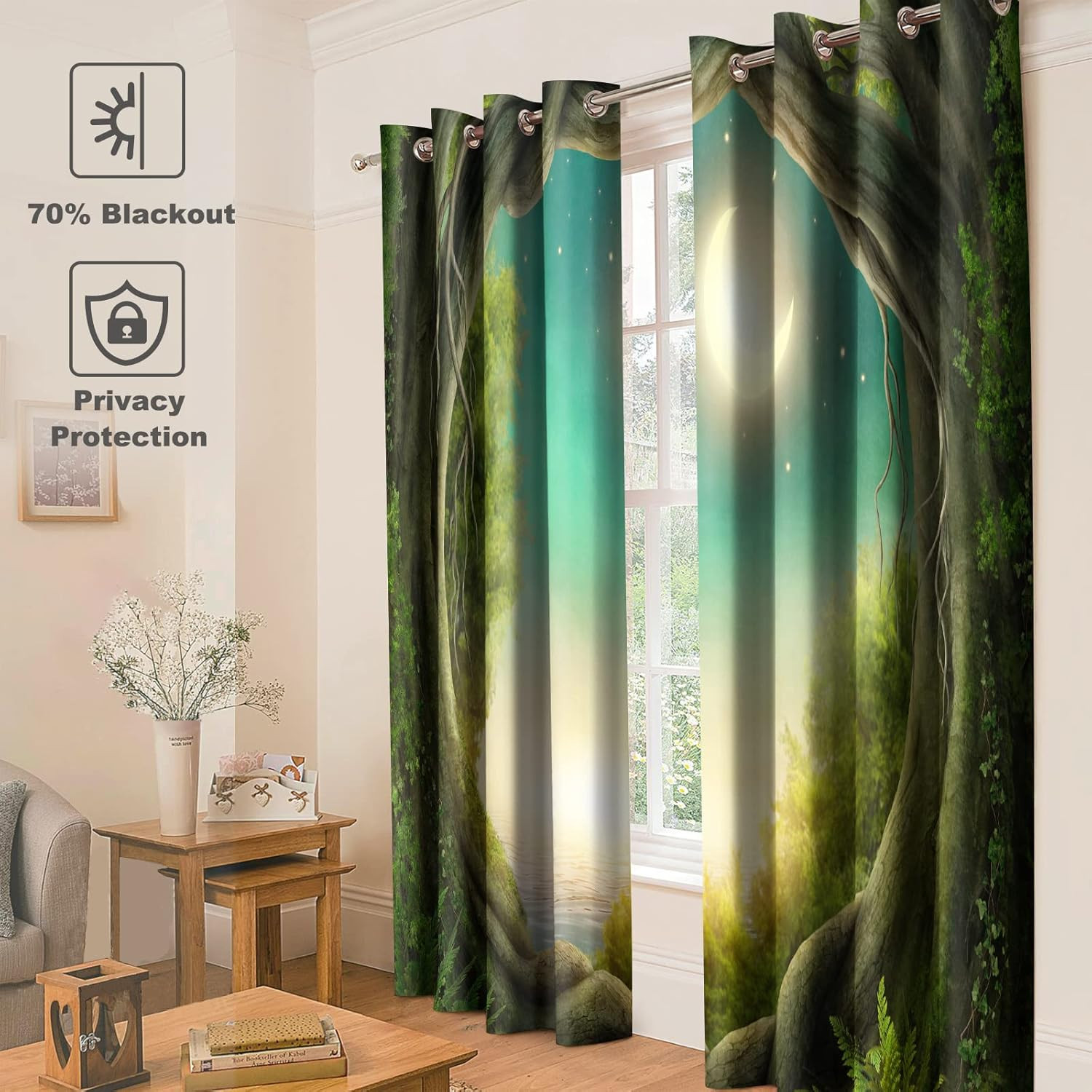 Fantasy Forest Blackout Curtains with Moon and Stars, 2 Panels Set 52″x84