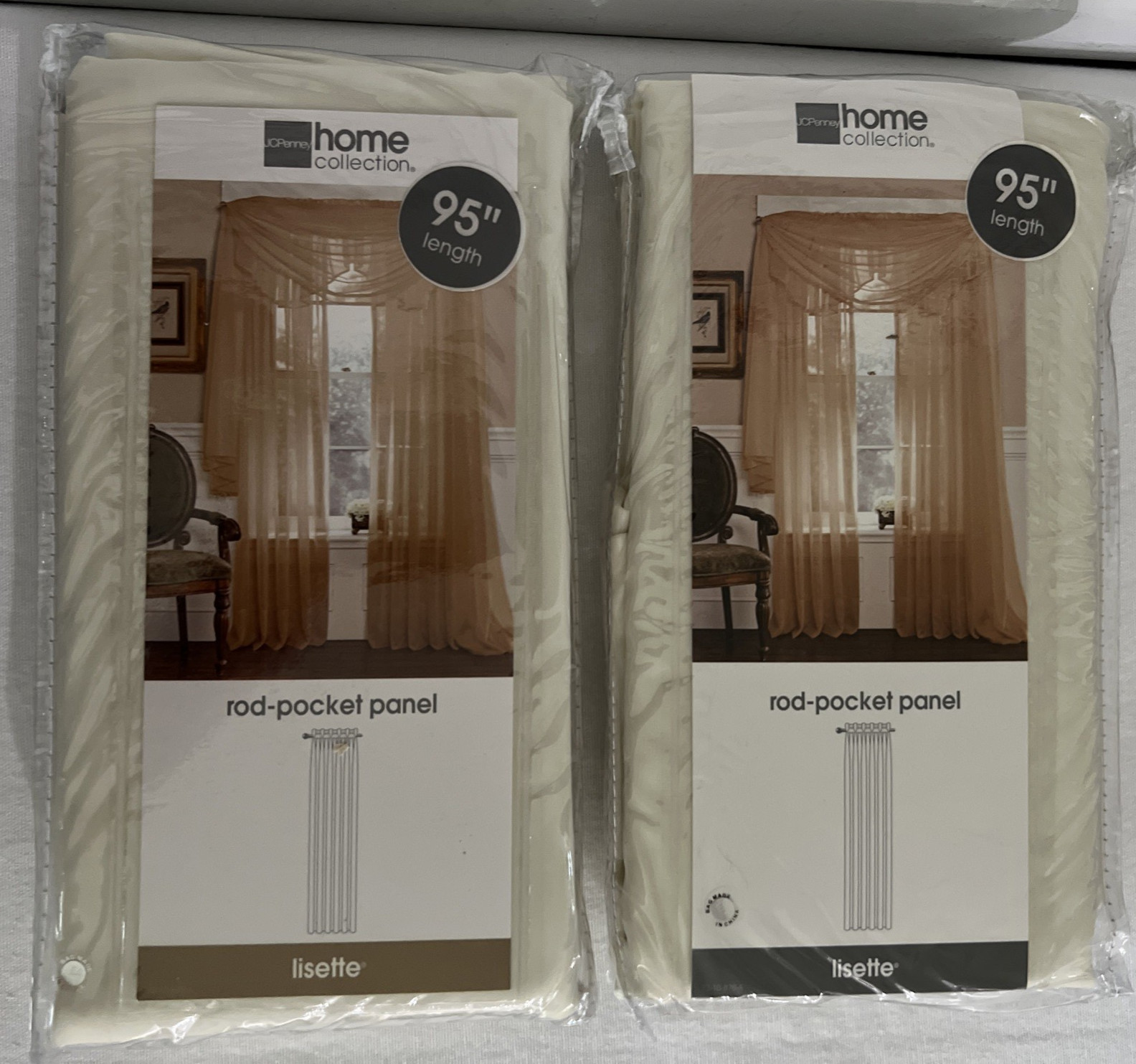 2 JCPenney Home Collection ROD POCKET PANEL CURTAINS ~ Lisette ~ Cream 95″ LONG!
