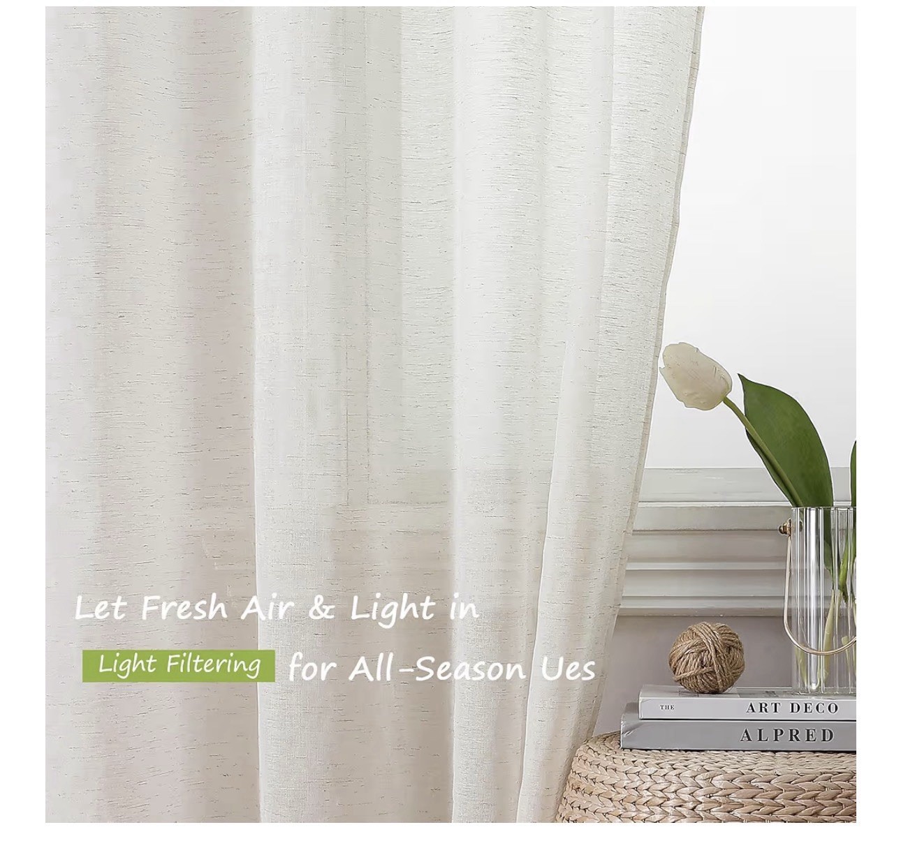 Simplebrand Natural Linen Textured Sheer Curtains 63 Inch Length 2 Panels