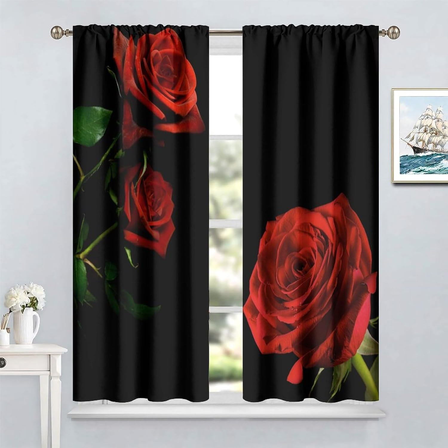 Red Rose Floral Curtains, Romantic Black Red Rose Flower Rod Pocket Window Treat