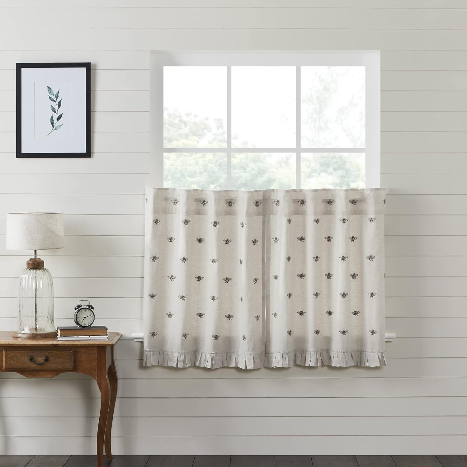Embroidered Bee Farmhouse Cafe Tier Curtains Set of 2, 36×36, Ruffled Yellow