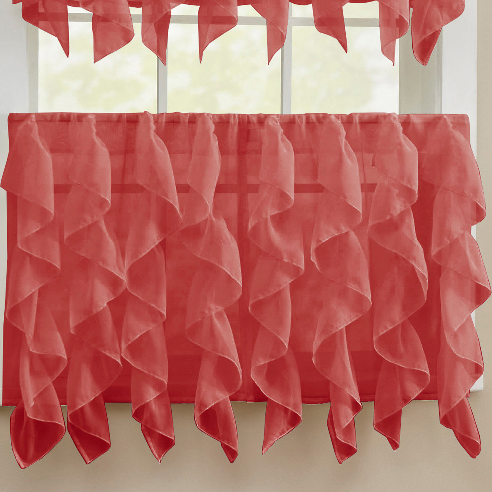 Sheer Voile Vertical Ruffle Window Kitchen Curtain Tiers or Valance Burgundy