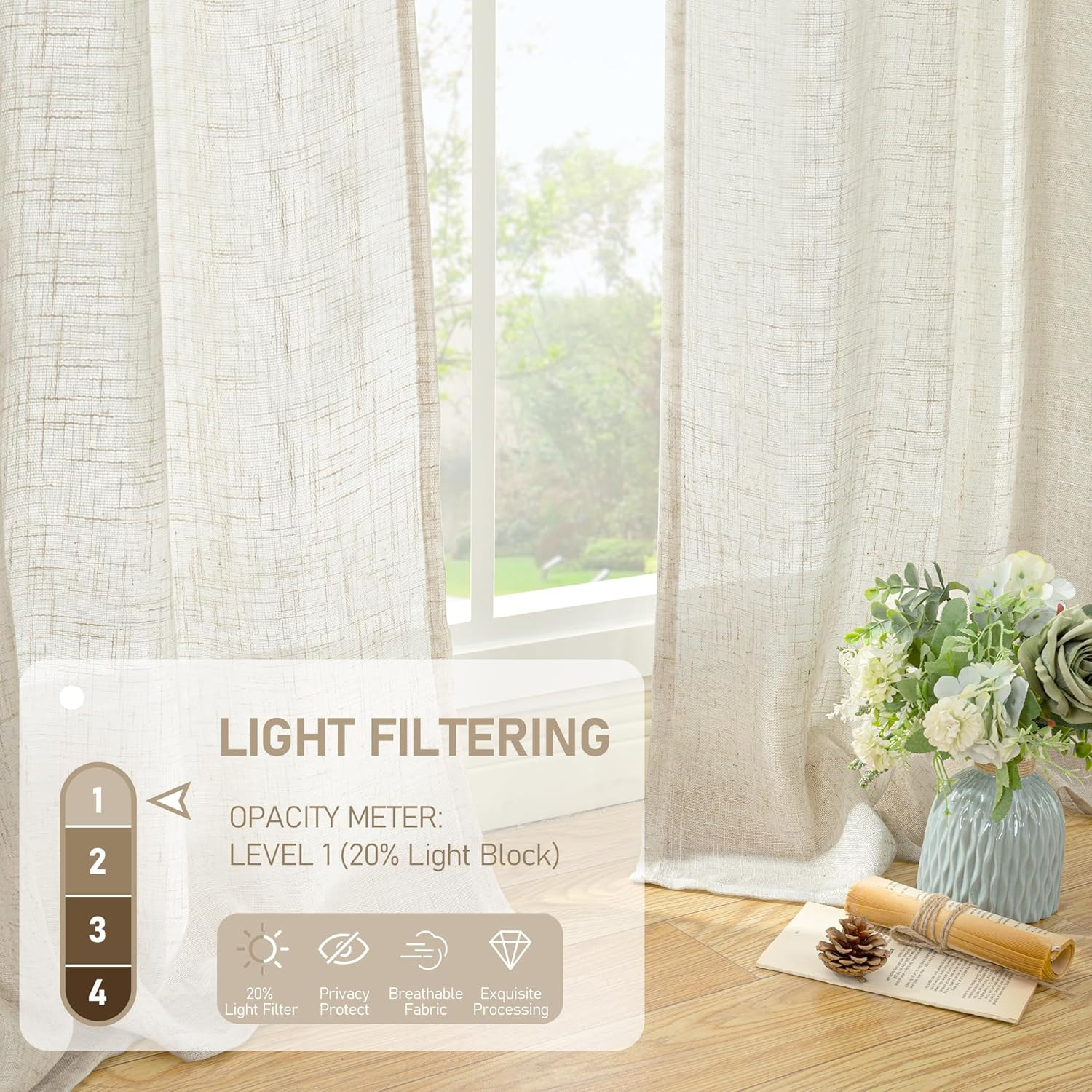 Linen Curtains 40 Inch Length 2 Panels, Cream Ivory Semi Sheer Light Filtering P
