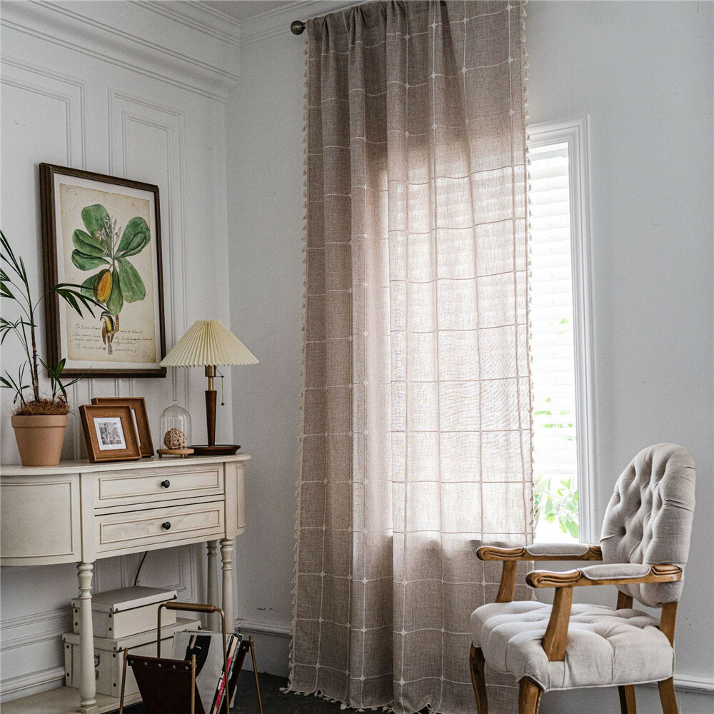 Plain Tassel Curtain Curtain Plaid Embroidery Drape Living Bedroom Decor