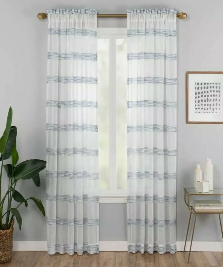 VUE ELEMENTS Kyoto Semi-Sheer Striped Single Curtain Panel White Blue 84″ New