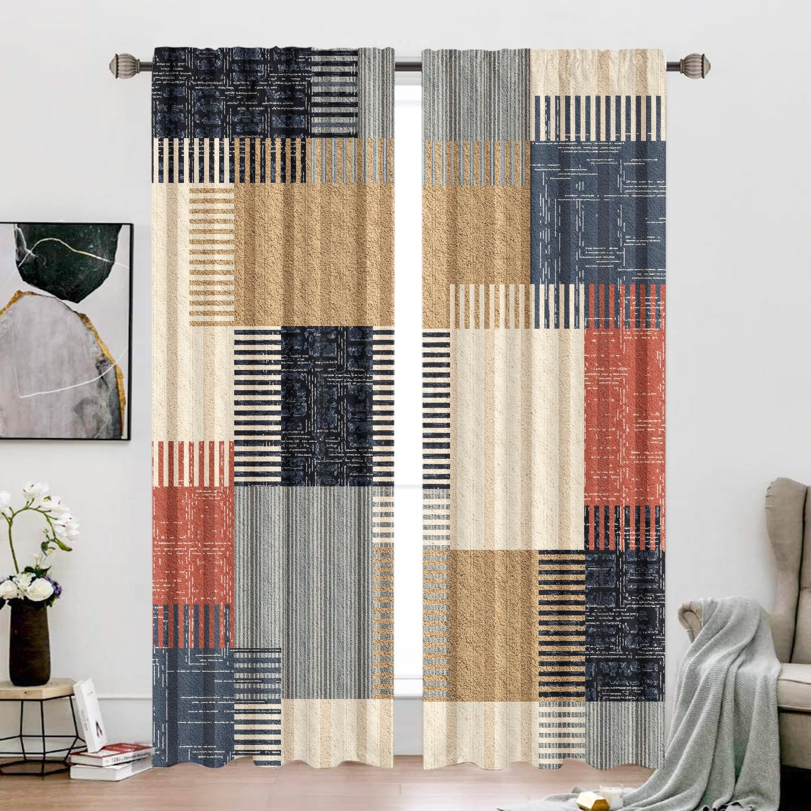 Abstract Colorful Stripes Curtains 52Wx84H Inch Rod Pocket Boho Modern Patchw…