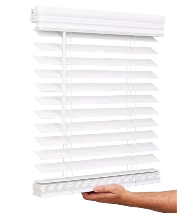 Lotus & Windoware cordless 2-inch faux wood horizontal blinds in bright white