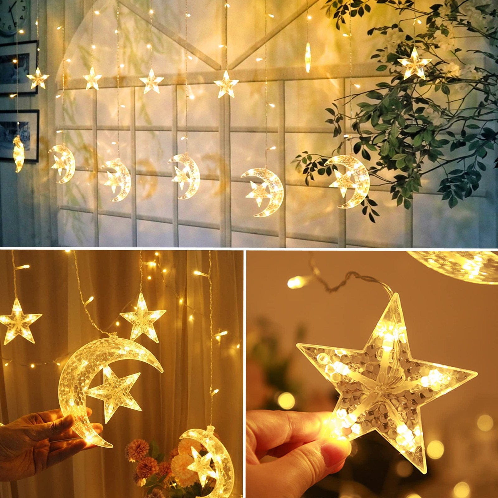 138 LED Star Moon Curtain String Light USB Remote 8 Mode Warm White Decor