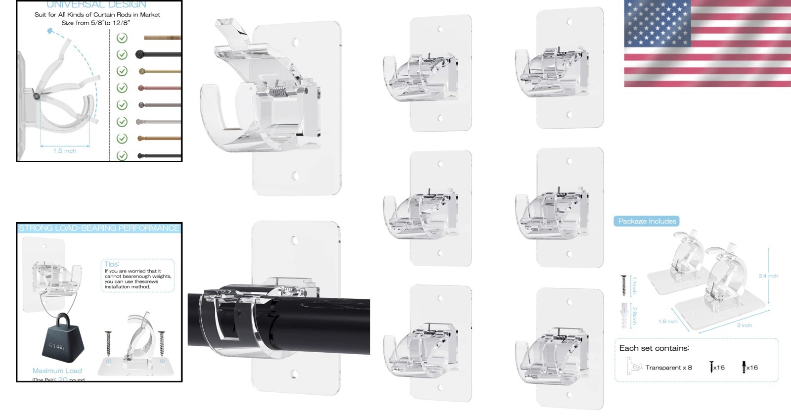 Universal Curtain Rod Holders 8 Pcs No Drill Self Adhesive with Strong Adhesive