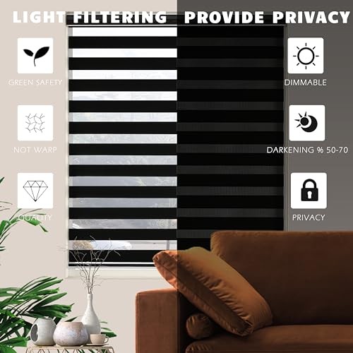 Custom Sizeout Zebra Blinds, Dual Layer Free-Stop, Room 20″W x 72″H Black