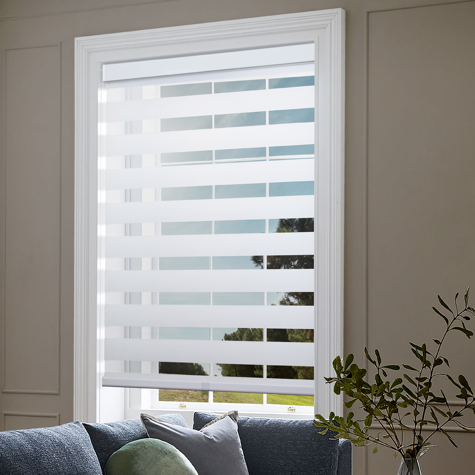 Cordless Zebra Roller Blinds Sheer Shades, Sheer or Privacy – White, 56″W X 72″H