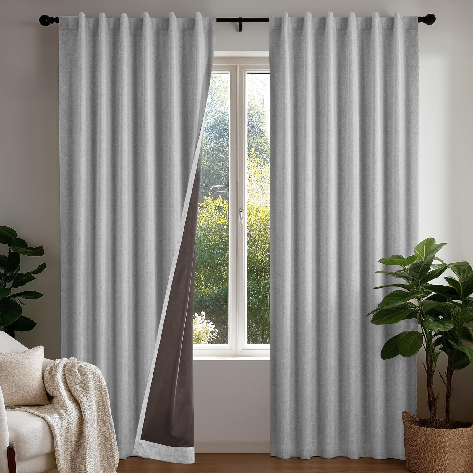 100% Blackout Curtains Faux Linen Look with Coffee Bottom Backing, TPU Invisi…