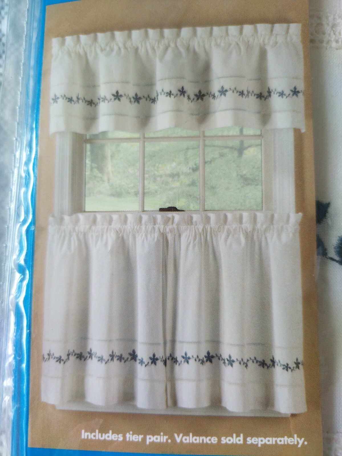 EssentialHome Valance &Tier Pair Lace Set Embroidered Floral Country Blue Ivory