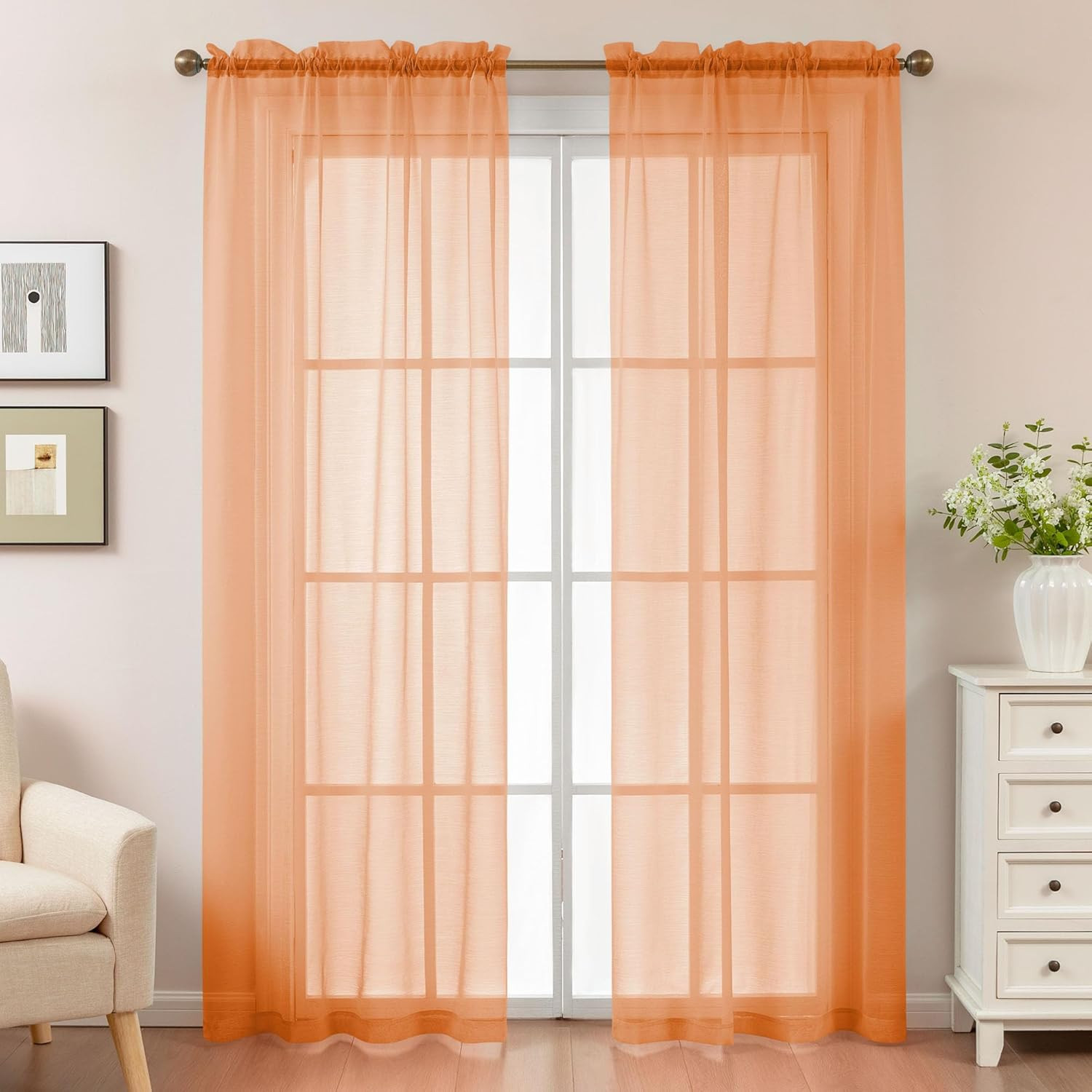 Orange Sheer Curtains 84 Inches Long, Privacy Semi Sheer Curtains for Living Roo