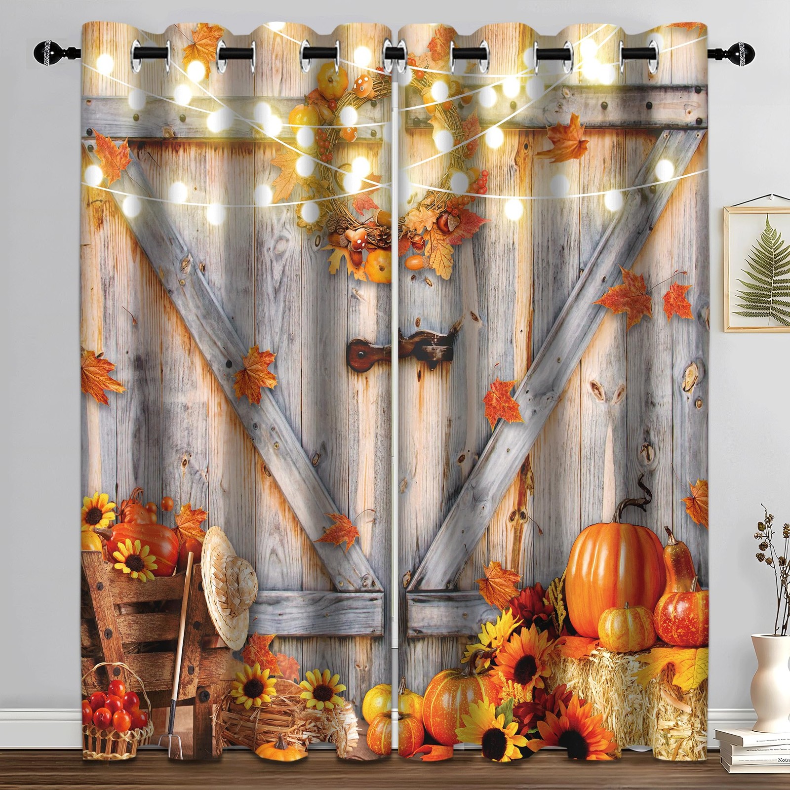 Fall Pumpkins Leaves Blackout Curtain, Rustic Wooden Barn Door Window Curtain…