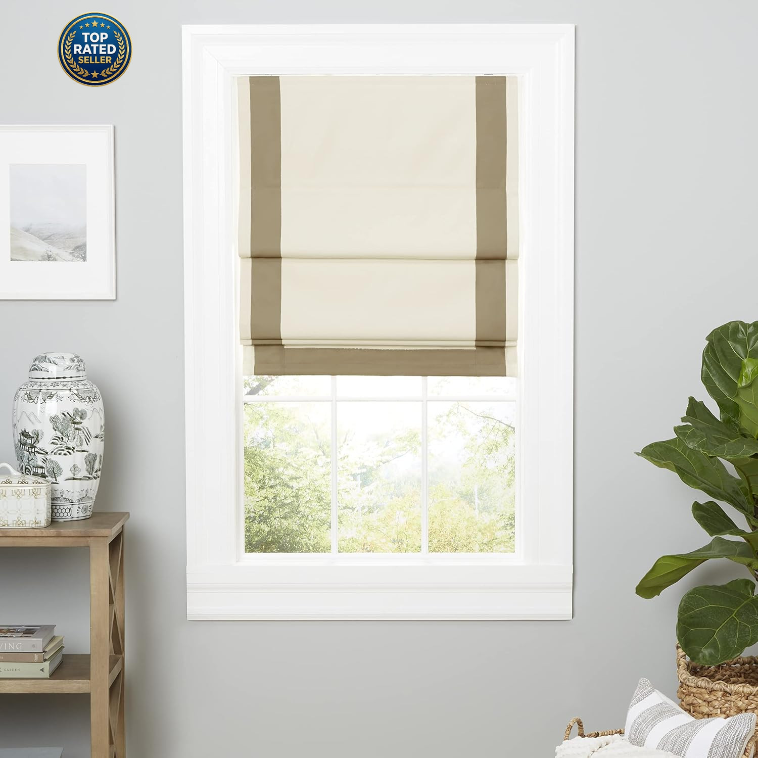 Frontera 100% Blackout Roman Shade, 31″X64″, Natural/Taupe