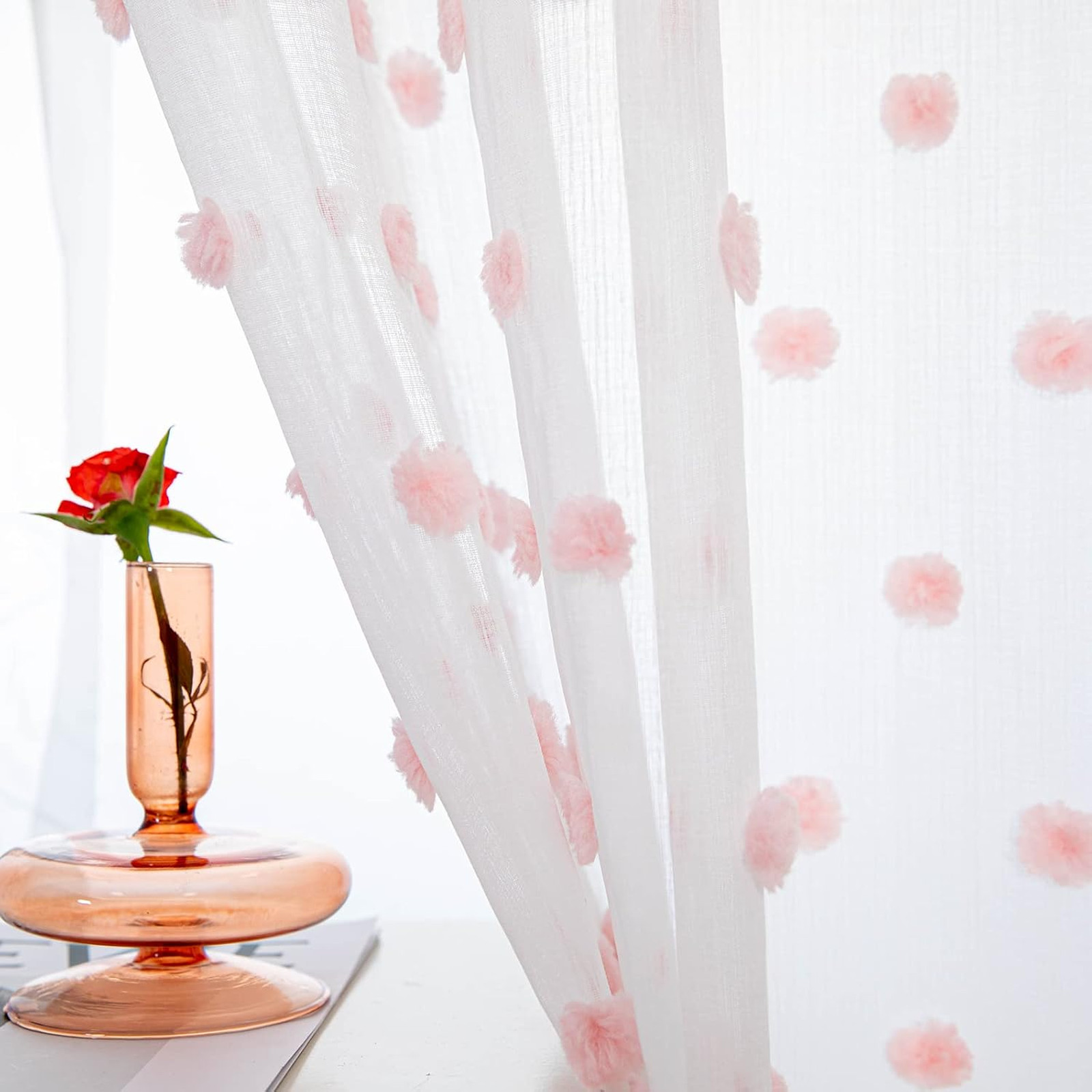 Pink Sheer Curtains for Bedroom 52 x 63 Inches Pom Pom Short White Drape for