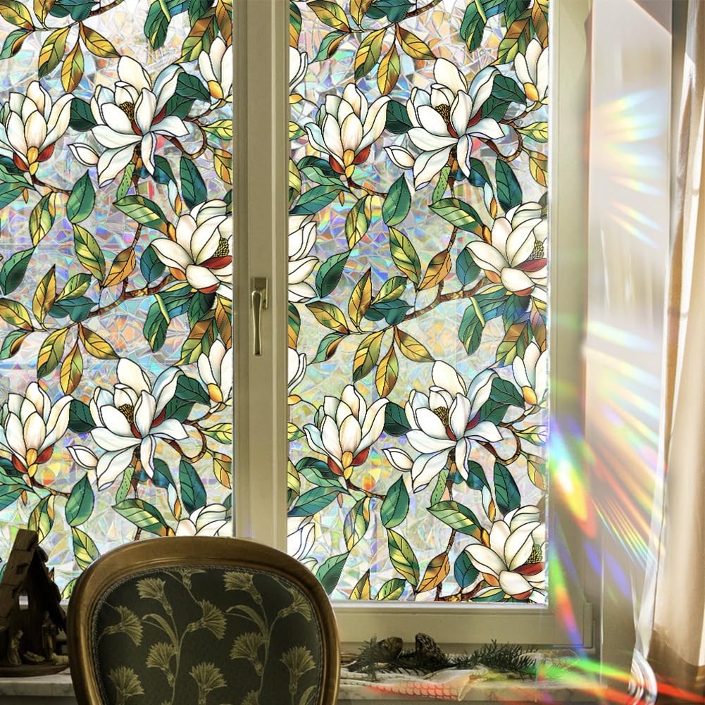 Stained Glass Window Privacy Film – Floral Static Cling Decor, 16.93×39.37″