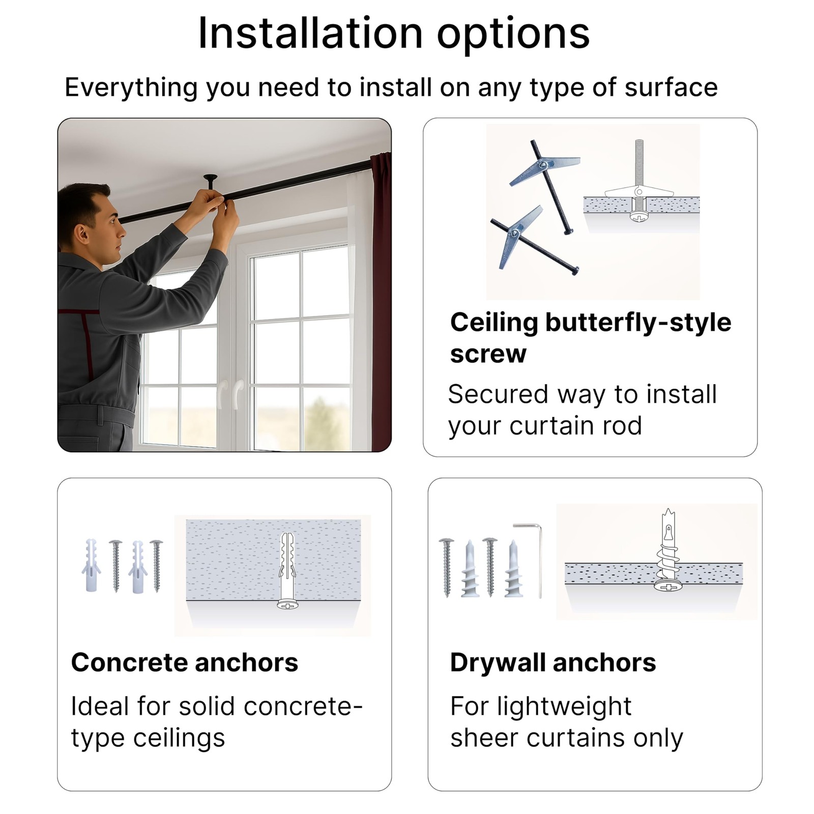 Ceiling Mounted Double Curtain Rods for Windows, Heavy Duty Black Double Curt…