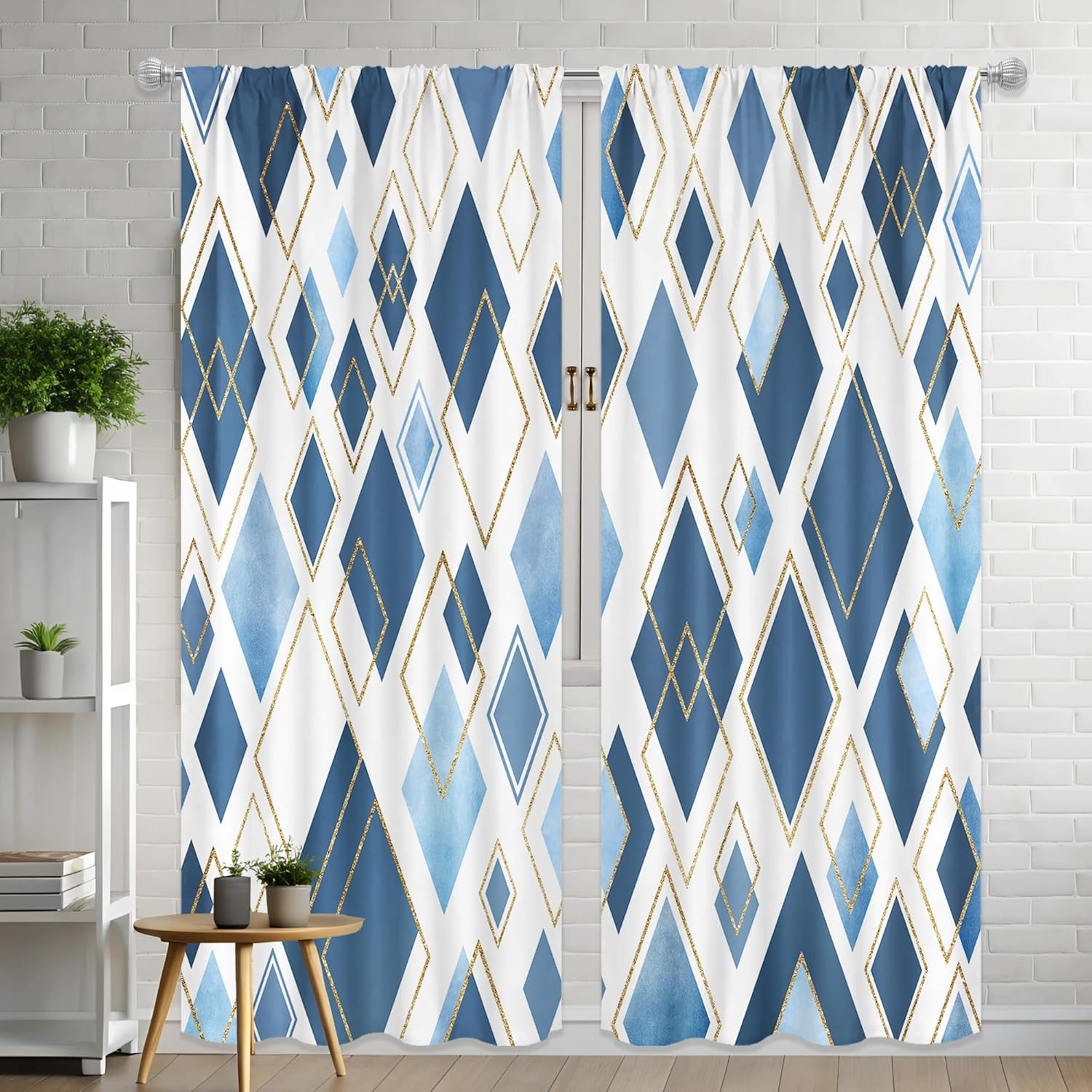 Abstract Blue Geometry Curtains 52Wx84H Inch Rod Pocket Modern Minimalist Geomet