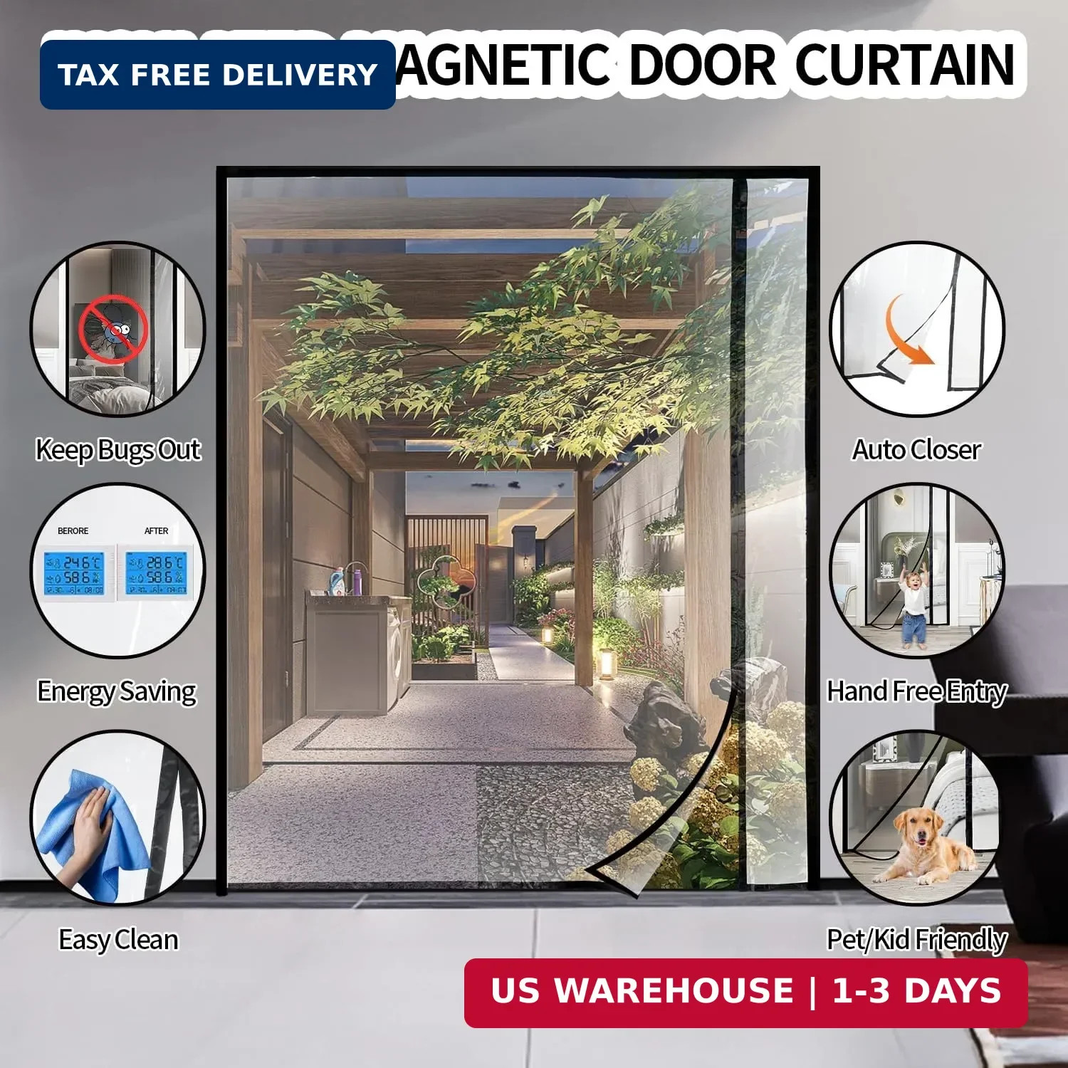 Transparent Reversible Left or Right Side Opening Insulated Door Curtain, Magnet