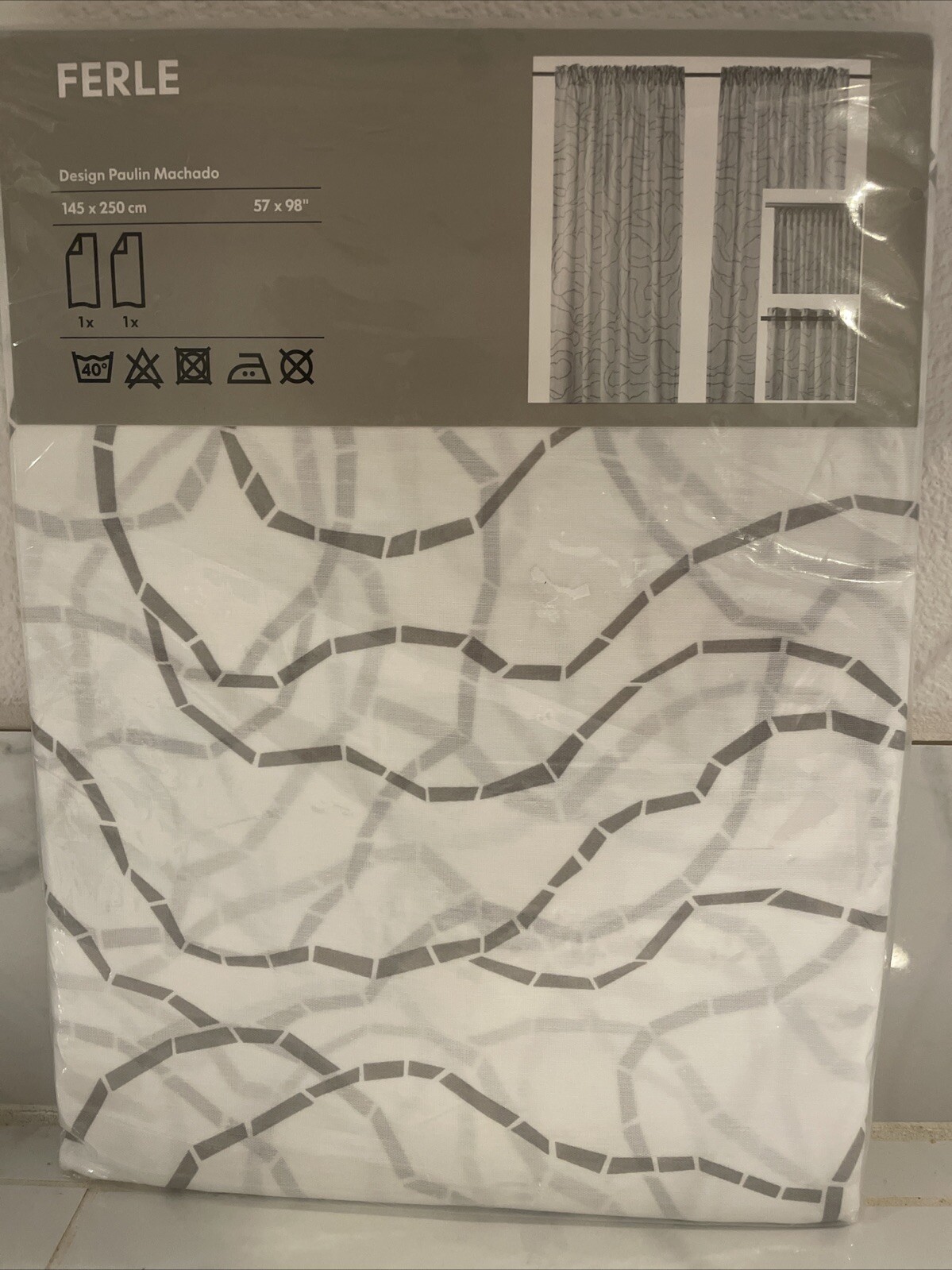 Ikea FERLE Curtains 2 Panels (1 pair) 57″ x 98″ Geometric Gray / White NEW