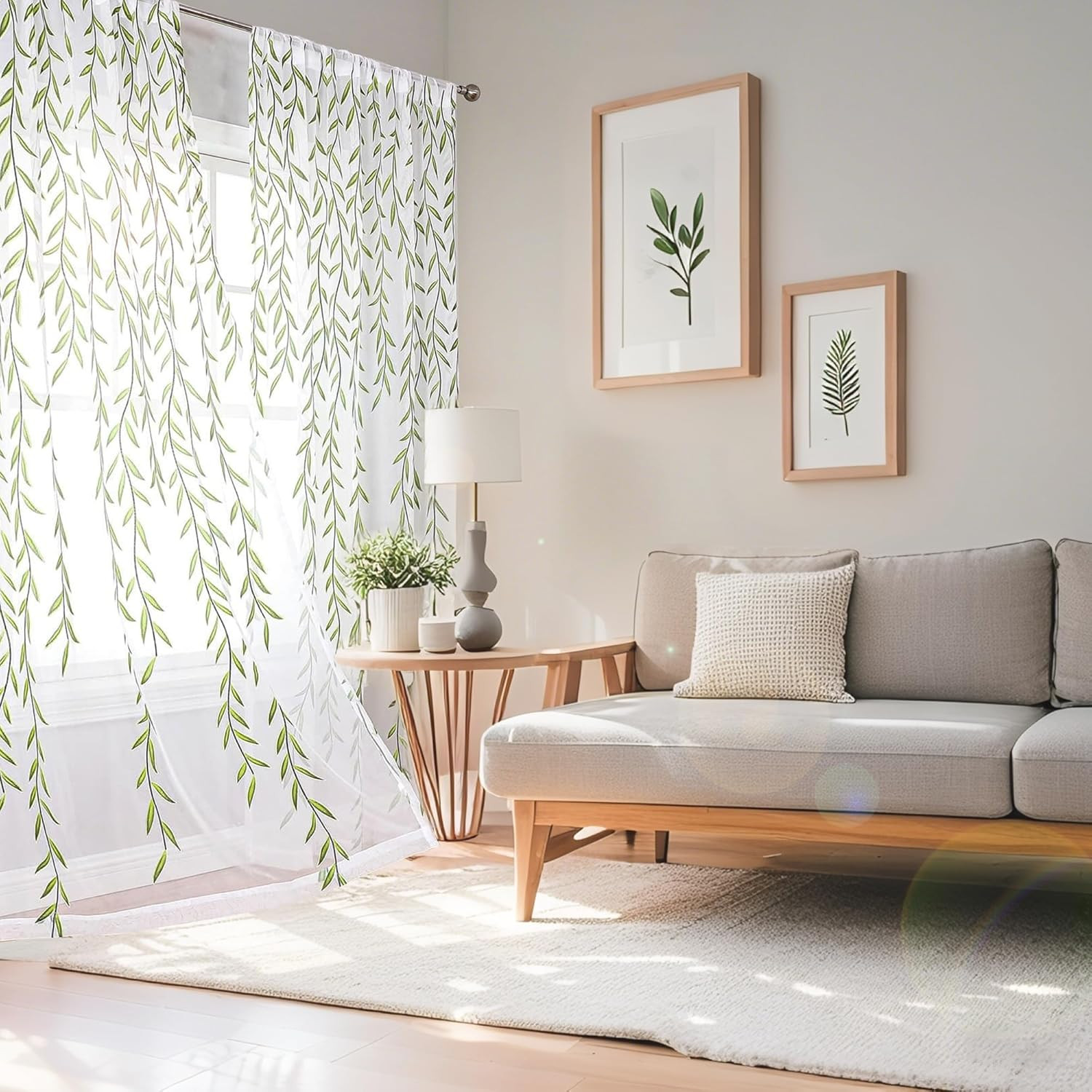 Short Sheer Curtains 2 Panel Set,Green Print Curtains Sheer Leaf Pattern White S